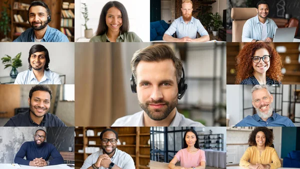 Treffen am Morgen online. Gemeinsamer Bildschirm mit multiethnischen Kollegen — Stockfoto