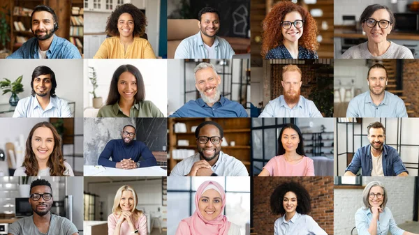 Drukke videoscherm, briefing, brainstorm, virtuele bijeenkomst van multiraciaal werkteam — Stockfoto