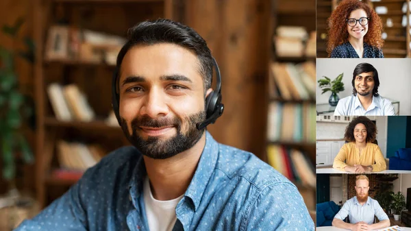 Sorrindo jovem indiano vestindo headshot falar sobre chamada de vídeo — Fotografia de Stock