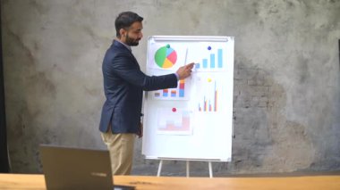 Resmi takım elbiseli Hintli adam tahtaya yazı yazıyor ve online dersler veriyor.