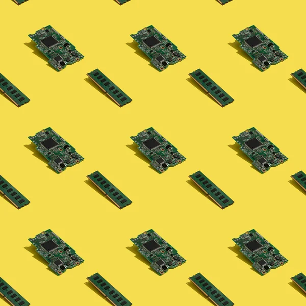 RAM Computer Memory Chip Module and Microcircuit seamless pattern on yellow background.