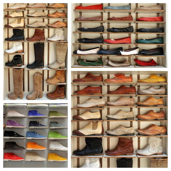 Exibition shelves with various leather shoes — Stock Photo, Image