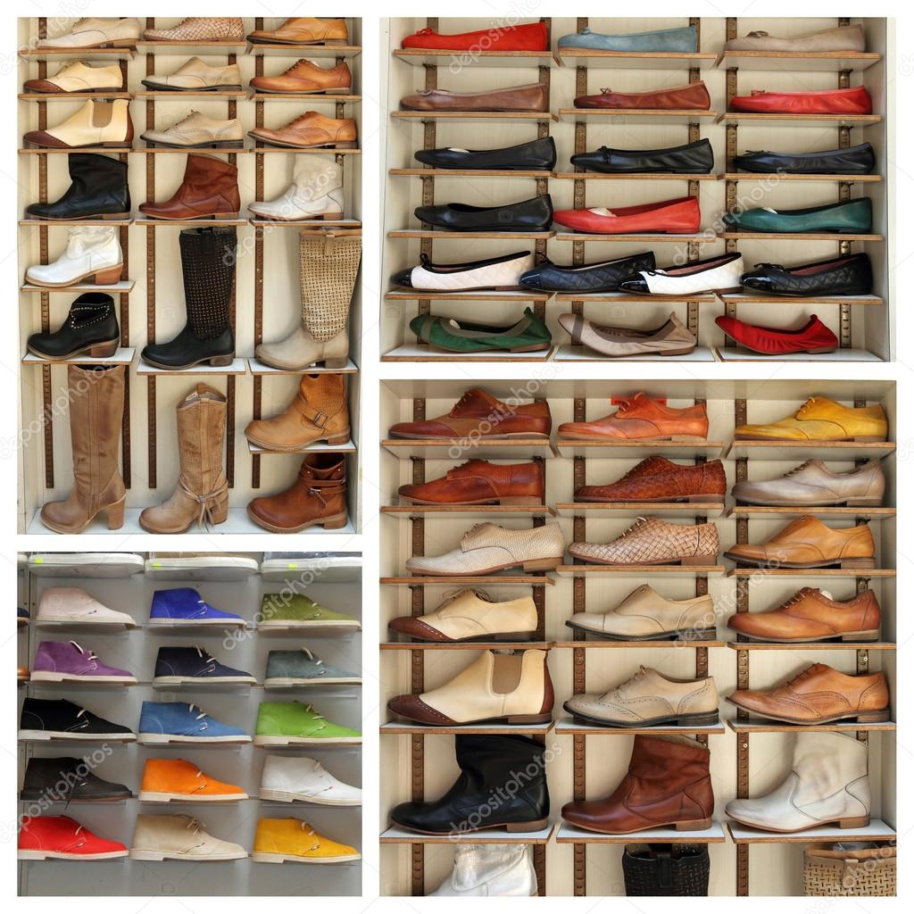 Exibition shelves with various leather shoes