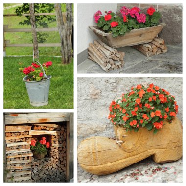 Rustic planters with flowers clipart
