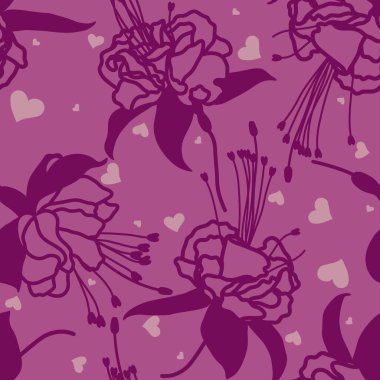 Kusursuz bir geçmişi var. Pembe arka planda Fuchsia çiçekleri ve kalpleri. Dış hatlarda vektör görüntüsü. Siluet renkleri