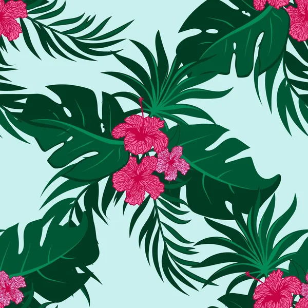 Kwiaty Tropikalne Liście Palmy Dżungla Liście Bezszwowe Wektor Kwiatowy Wzór — Wektor stockowy