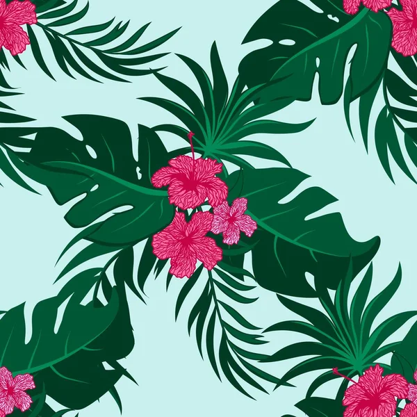 Flores Hojas Palma Tropical Hojas Selva Sin Costuras Vector Floral — Archivo Imágenes Vectoriales