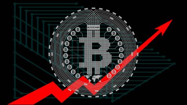 Bitcoin fiyat artışı. Dinamik tabii ki şifreli para birimi. Sanal para zammı. Yukarı ok gökyüzüne. Vektör resimlemesini değiştir
