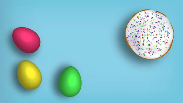 手描きの要素とリアルな卵とテンプレートベクトルカード ケーキだ 青の背景 — ストックベクタ
