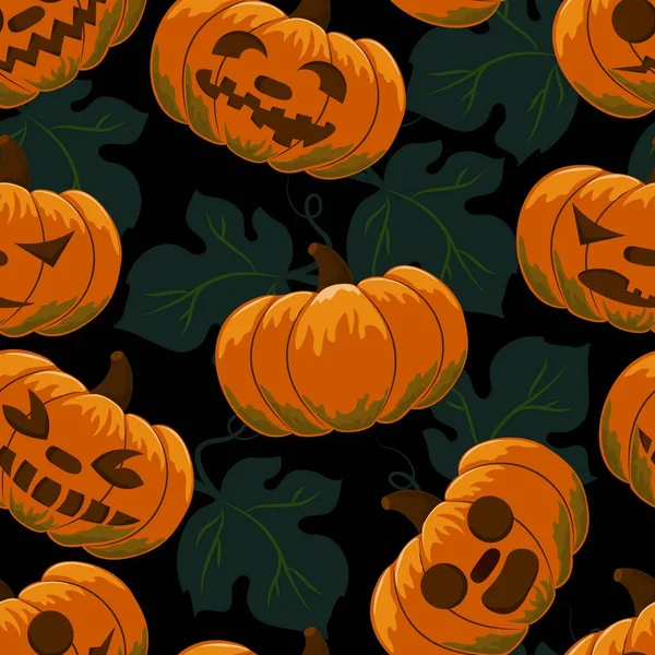 Vektor Nahtloser Hintergrund Halloween Hintergrund Mit Blättern Und Kürbissen Gemüsegesichter — Stockvektor