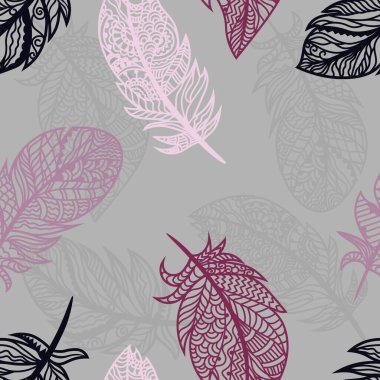 Gri arka planda parlak renkli tüyler. Kusursuz illüstrasyon için vektör