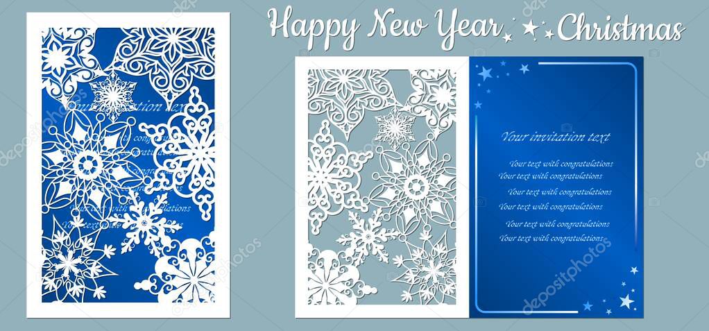 Card with snowflakes. Text - happy New Year. Vector illustration. Laser cut template. Metal, paper or wood carving pattern. Blue. snowflake, star..