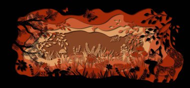 Glade 'deki tilki şablonu kağıttan lazerle kesmek için. Mantarlı, otlu, kelebekli, odunlu ve çiçekli sıra. Dekorasyon ve tasarım için. Lazer kesme ve çizim şablonu. Vektör çizimi. Lazer kesim ve serigrafi için desen