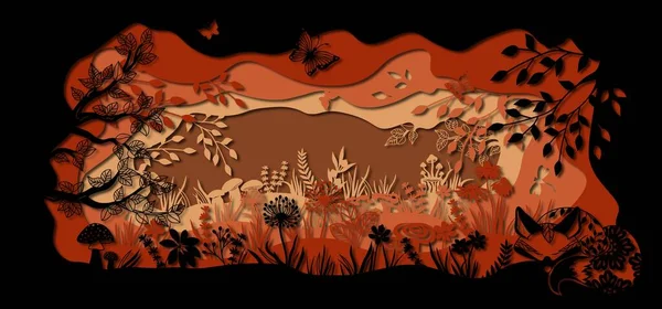 Glade 'deki tilki şablonu kağıttan lazerle kesmek için. Mantarlı, otlu, kelebekli, odunlu ve çiçekli sıra. Dekorasyon ve tasarım için. Lazer kesme ve çizim şablonu. Vektör çizimi. Lazer kesim ve serigrafi için desen