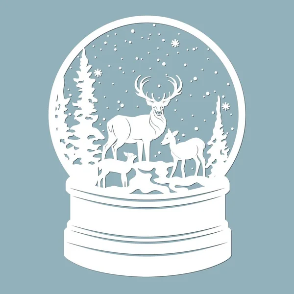 Una Bola Nieve Nieve Adentro Árbol Navidad Con Ciervos Corte — Archivo Imágenes Vectoriales