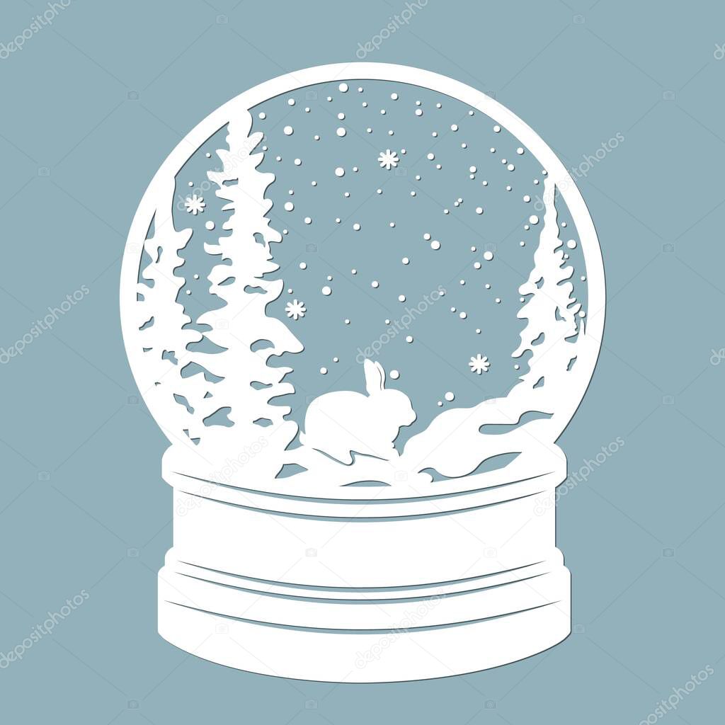 A snow globe, snow inside and a Christmas tree with rabbit, hare. Laser cut. Vector illustration. Pattern for the laser cut, plotter and screen printing..