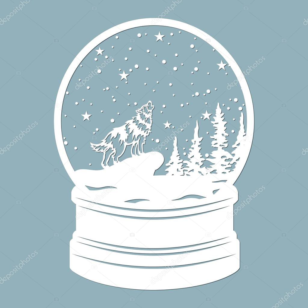 A snow globe, snow inside and a Christmas tree with wolf. Laser cut. Vector illustration. Pattern for the laser cut, plotter and screen printing..