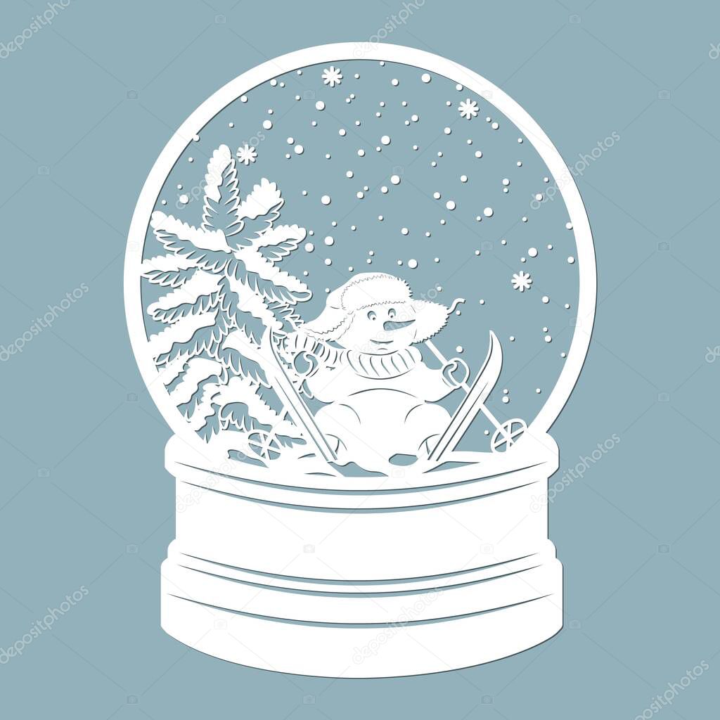 A snow globe, snow inside and a Christmas tree with, snowman, skis, hat. Laser cut. Vector illustration. Pattern for the laser cut, plotter and screen printing..