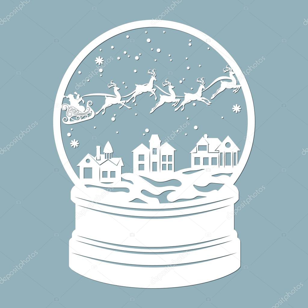 A snow globe, snow inside and a Christmas tree with santa claus, reindeer. Santa claus. Laser cut. Vector illustration. Pattern for the laser cut, plotter and screen printing..