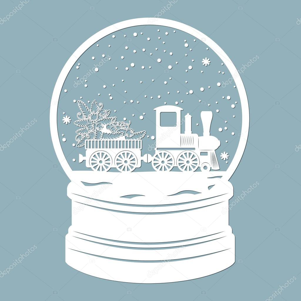 A snow globe, snow inside and a Christmas tree in the locomotive. Train. Laser cut. Vector illustration. Pattern for the laser cut, plotter and screen printing..