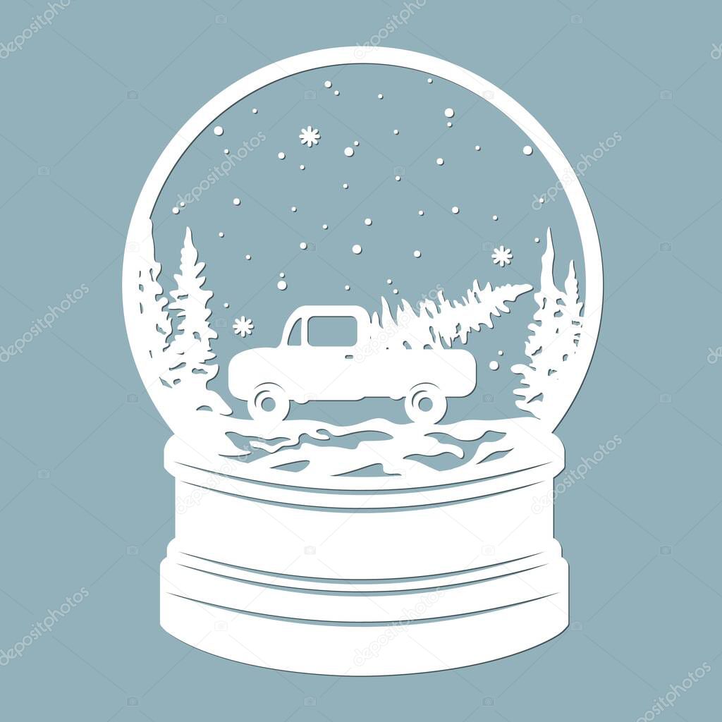 A snow globe, a car carrying a Christmas tree. around fir trees and snow. Laser cutting. Vector illustration. Template for laser cutting, plotter and screen printing..