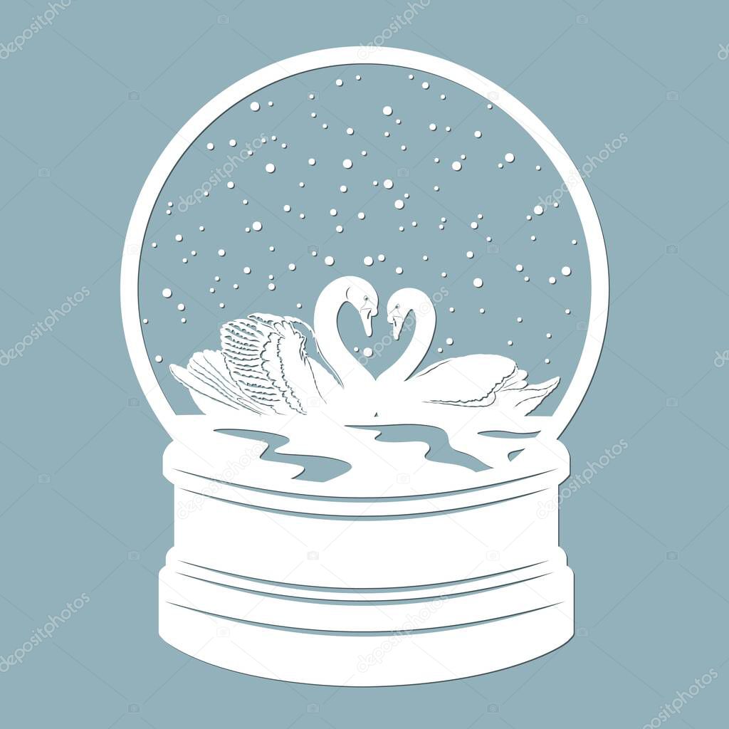 Snow globe, swans and snow inside. Laser cut. Vector illustration. Pattern for the laser cut, plotter and screen printing..