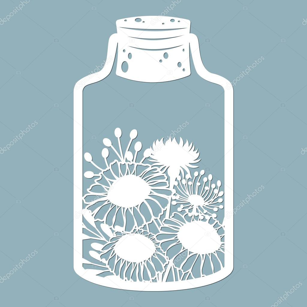 Flowers and leaves in a glass jar. Laser cut. Vector illustration. Pattern for the laser cut, serigraphy, plotter and screen printing...