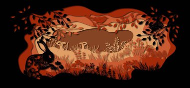 Tavşan. Kağıttan kesilen lazer için açık alanda şablon yaban tavşanı. Mantarlı, otlu, kelebekli, odunlu ve çiçekli sıra. Dekorasyon ve tasarım için. Lazer kesme ve çizim şablonu. Vektör illüstrasyonu..