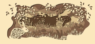 Tavşan. Kağıttan kesilen lazer için açık alanda şablon yaban tavşanı. Mantarlı, otlu, kelebekli, odunlu ve çiçekli sıra. Dekorasyon ve tasarım için. Lazer kesme ve çizim şablonu. Vektör illüstrasyonu..