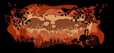 Tavşan. Kağıttan kesilen lazer için açık alanda şablon yaban tavşanı. Mantarlı, otlu, kelebekli, odunlu ve çiçekli sıra. Dekorasyon ve tasarım için. Lazer kesme ve çizim şablonu. Vektör illüstrasyonu..