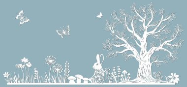 Tavşan. Yaban tavşanı. Kağıttan lazerle kesmek için şablon. Mantarlı, otlu, kelebekli, odunlu ve çiçekli sıra. Dekorasyon ve tasarım için. Lazer kesme ve çizim şablonu. Vektör illüstrasyonu..