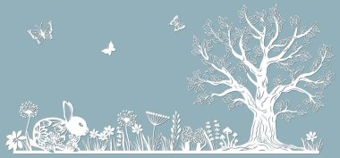 Tavşan. Yaban tavşanı. Kağıttan lazerle kesmek için şablon. Mantarlı, otlu, kelebekli, odunlu ve çiçekli sıra. Dekorasyon ve tasarım için. Lazer kesme ve çizim şablonu. Vektör illüstrasyonu..