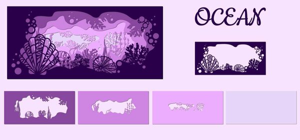 template for making a lamp or postcard. vector image for laser cutting and plotter printing. fauna with marine animals and seashell..