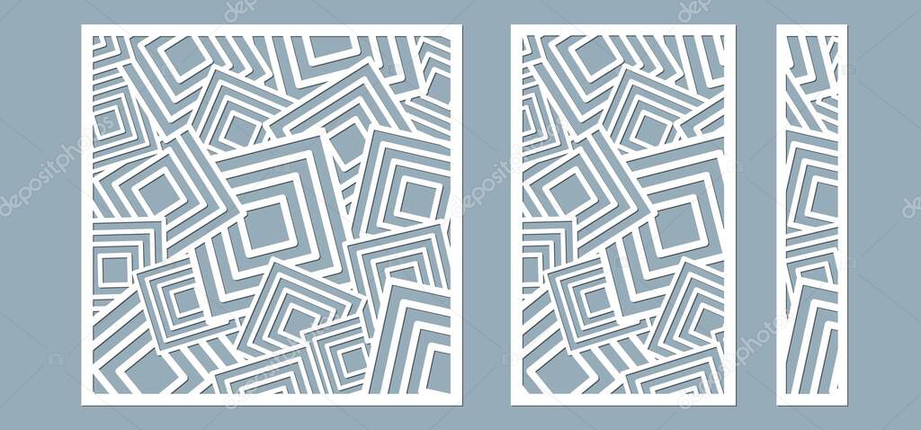 Set, panel for registration of the decorative surfaces. Abstract squares of lines, panels. Vector illustration of a laser cutting. Plotter cutting and screen printing