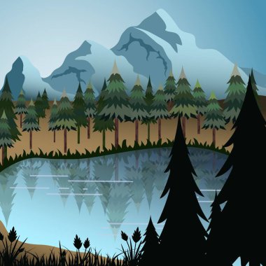 Çam ağaçlarından oluşan bir grup sakin suya yansıyor. Arka planda dağlar var.