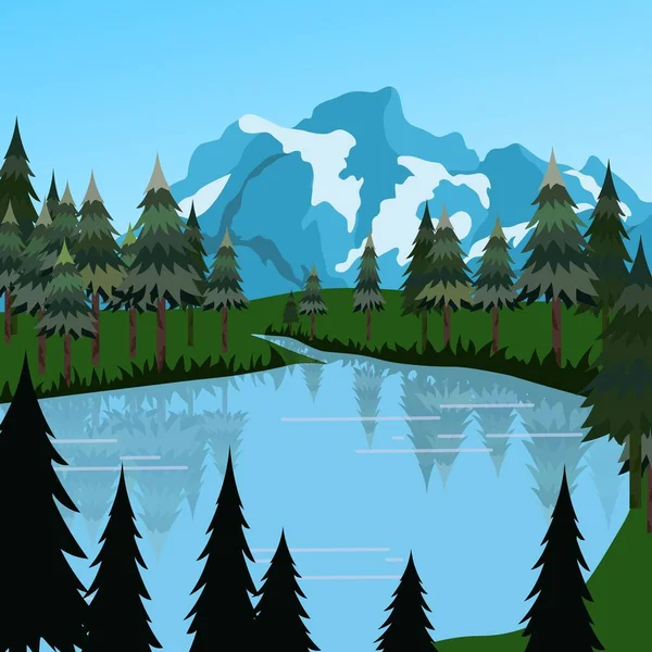 Çam ağaçlarından oluşan bir grup sakin suya yansıyor. Arka planda dağlar var.