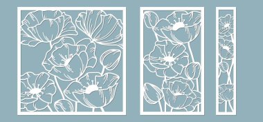 Lazer kesme ve çizim şablonu. Çiçekler, yapraklar, dekorasyon için buket. Vektör çizimi. Haşhaş çiçeği. Çizer ve ekran yazdırma. serigrafi