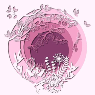 Glade 'deki tilki şablonu kağıttan lazerle kesmek için. Otla, yusufçukla, odunla ve çiçeklerle dolu bir arka plan. Dekorasyon ve tasarım için. Lazer kesme ve çizim şablonu. Vektör çizimi. Lazer kesimi için desen