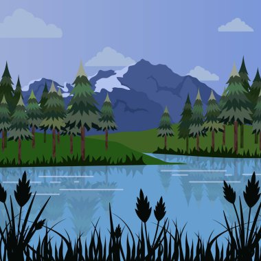 Çam ağaçlarından oluşan bir grup sakin suya yansıyor. Arka planda dağlar var.