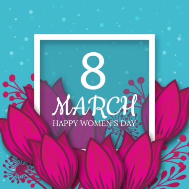 8 Mart. pembe çiçek tebrik kartı. Uluslararası Mutlu Kadınlar Günü. Kağıt kesimi çiçek mavisi tatil arkaplanı Kare Çerçeve ve metin için boşluk. Moda Tasarım Şablonu. Vektör illüstrasyonu