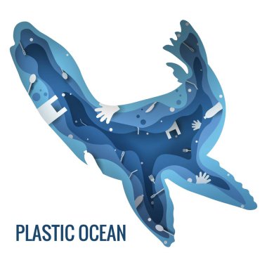 Metin - plastik okyanus. Plastik çöp gezegeni kirliliği konsept vektör çizimi. Kürk foku, deniz aslanı, deniz leoparı, plastik atık 3D ikon ile dolu deniz memelisi çizgisi. 3 boyutlu lazer kesimi....