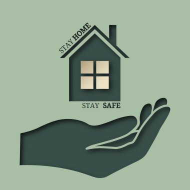 Vektör işareti, sembol, ev ve tabirle illüstrasyon evde kal, güvende kal. Eline. Coronavirus farkındalığı, önleme. Eller, el.