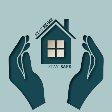 Vektör işareti, sembol, ev ve tabirle illüstrasyon evde kal, güvende kal. Eline. Coronavirus farkındalığı, önleme. Eller, el.