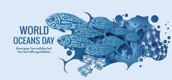 Text - world ocean day. Fish shoal template for making a postcard. Vector image for laser cutting and plotter printing. Fauna with marine animals...