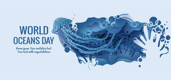 Text - world ocean day. Jellyfish. template for making a postcard. vector image for laser cutting and plotter printing. fauna with marine animals...