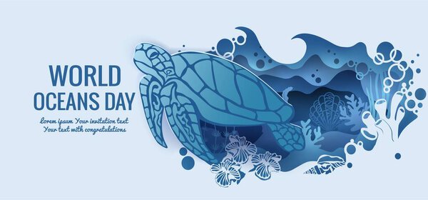 Text - world ocean day. Turtle. template for making a postcard. vector image for laser cutting and plotter printing. fauna with marine animals.