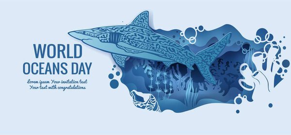 Text - world ocean day. shark. template for making a postcard. vector image for laser cutting and plotter printing. fauna with marine animals.
