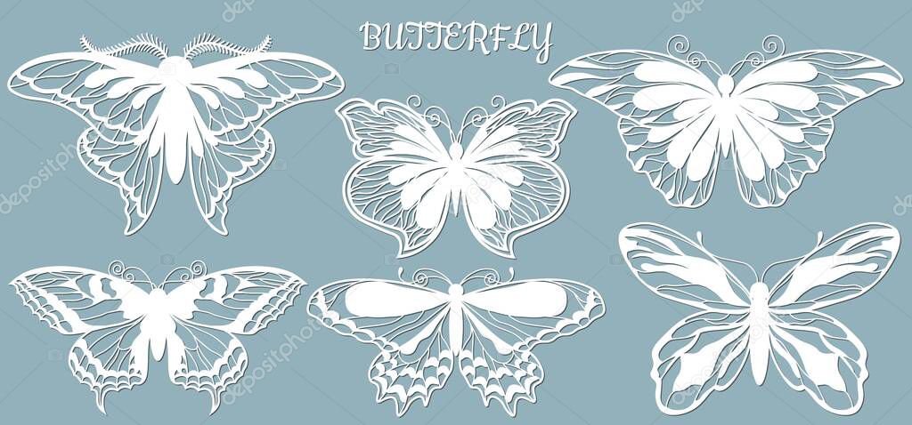 Image with the inscription-butterfly. Set. Template with vector illustration of butterflies. For laser cutting, plotter and silkscreen printing.....