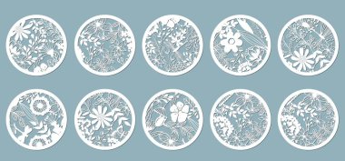 Set. Chamomile, Echinacea, dandelion, chrysanthemum, noble hepatica, stokesia, Lily, leaves, grass. Panel for registration of the decorative surfaces circle, mugs,. Abstract circles, balls Vector illustration of a laser cutting Plotter cutting and sc clipart