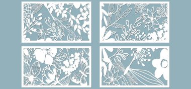 Lazer kesme ve çizim için şablonu ayarla. Çiçekler, dekorasyon için yapraklar. Vektör çizimi. Çıkartma hazır. Lazer kesim, serigrafi, çizici ve ekran yazdırma için desen